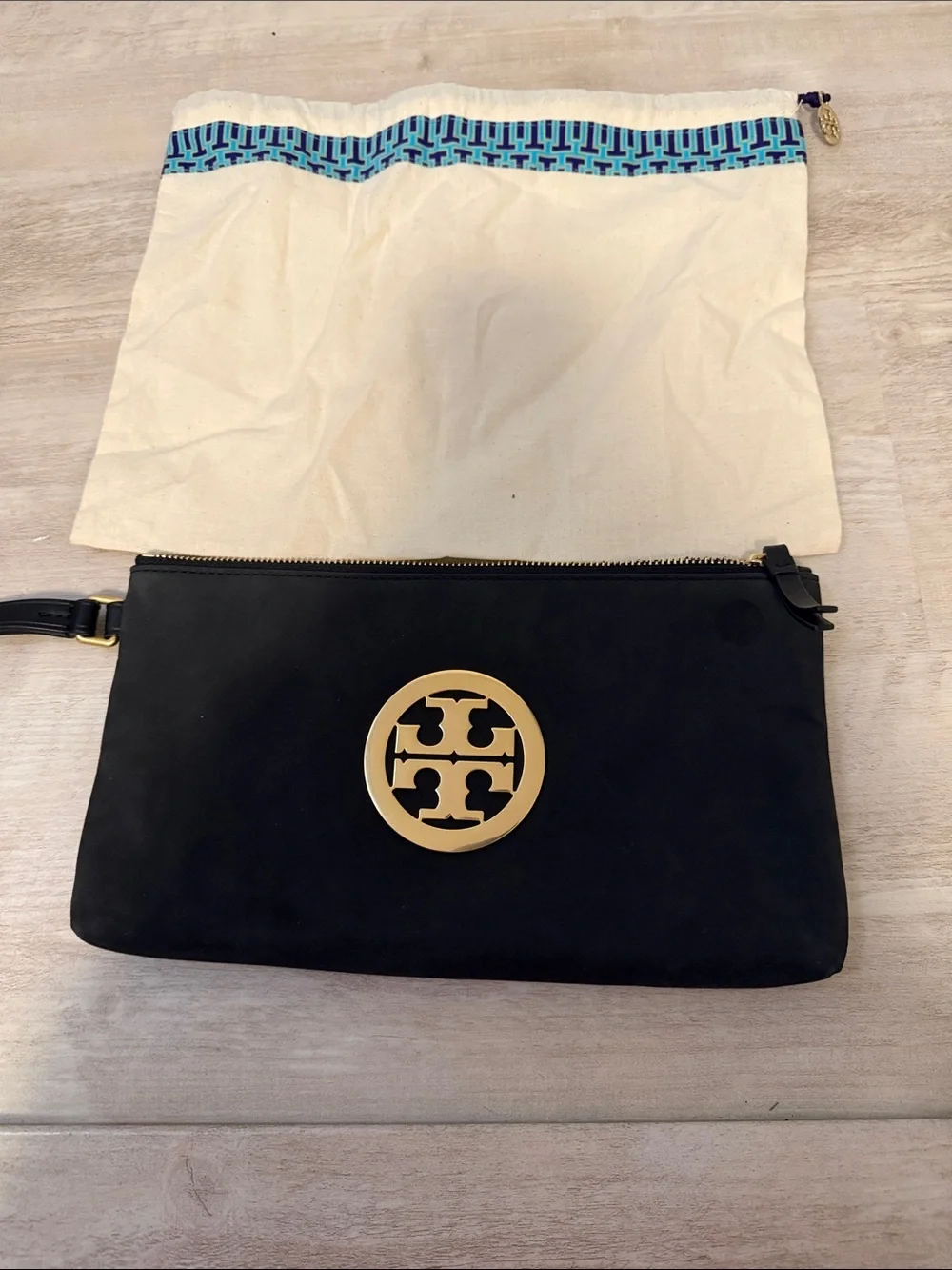 Tory Burch Black Suede Clutch with Gold Logo Medallion